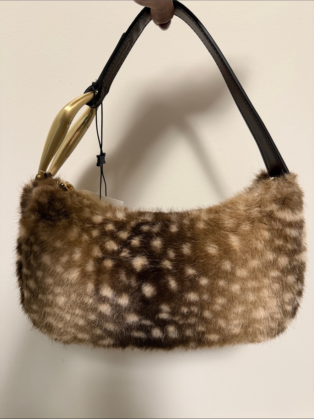 BCBGeneration Faux Fur Brown and Cream Shoulder Bag with Gold Accent